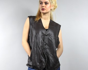 90s Vegan Leather Brown Vest, Biker Rocker Waistcoat with Pockets, Faux Leather Vintage Mens Clothing, L mens