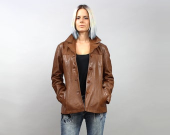 90s Vintage Brown Leather Coat Jacket, Medium M