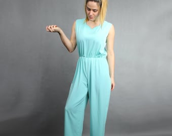 Vintage Mint Avant Garde Silky Overalls 90s Pastel Blue Women Evening Jumpsuit, Party Kimono Sleeves Cut Out Minimalist Pants Playsuit, S M