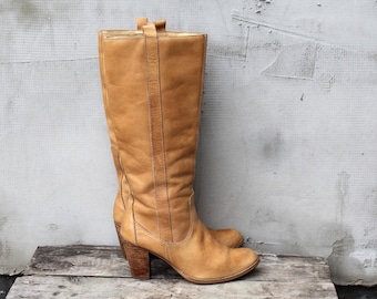 90s Tan Brown Leather High Calf Boots, High Heel Boho Shoes, 36 (EU) / 5.5 (US)