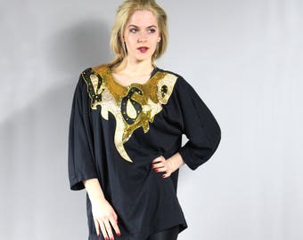 Vintage Plus Size 90s Black Yellow Sequin Embellished Cotton Tricot Loose Top Blouse 1990's Clothing Women Casual Party Evening Shirt Sleeve