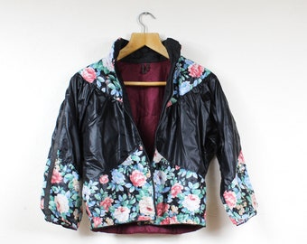 Vintage Glam Silky Black Bomber, Floral Rose Print Rave Windbreaker Jacket, S to M