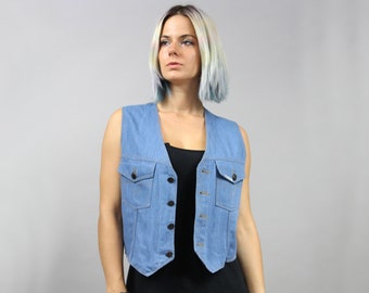 Vintage Fitted Blue Rocker Denim Vest. UNISEX 90s Grunge Medium Wash Sleeveless Jean Fitted Waistcoat. S / M