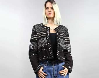 90s Metallic Sequined Black Crop Jacket. Vintage Cotton Extravagant Urban Blazer, Large L