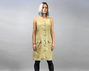 90s Linen Midi Button Front Dress. Vintage Sleeveless Mod Straight Minimalist Sarafan Dress, Medium M