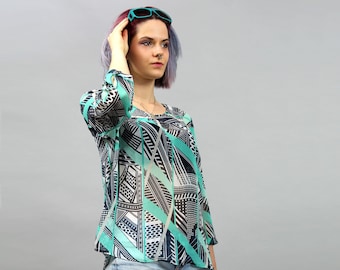 Vintage Sheer Mint Green See Thought Blouse. Abstract Geometric 90s Top. Medium M
