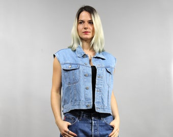 Vintage Grunge Rocker Denim Vest, 90s Light Blue Jean Waistcoat L