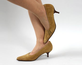 Vintage Suede Leather Pointed Toe Women Shoes, Lavorazione Artigiana Business Loafer Heels, SIZE 37 Eu / 4 UK / 6.5 US