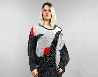 80s Metallic Fuzzy Oversized Sweater,  Plus Size Vintage Abstract Print Fluffy Glow Party Pullover, L / XL