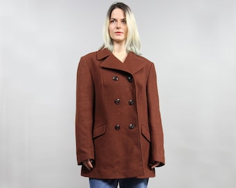 Vintage Brown Wool Warm Winter Peacoat, 70s Mod Woolen Boho Double Breasted Short Overcoat . L / XL