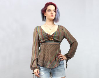 90s Striped Sheer See Through Blouse. Sequin Embroidered Hippie style Bohemian Top. M