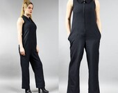 90s Black Jumpsuit . Sleeveless Mod Plaisuit . Vintage Palazzo Pants Onesie . Minimalist Women 39 s Overalls Urban Black Dungarees Romper . S M