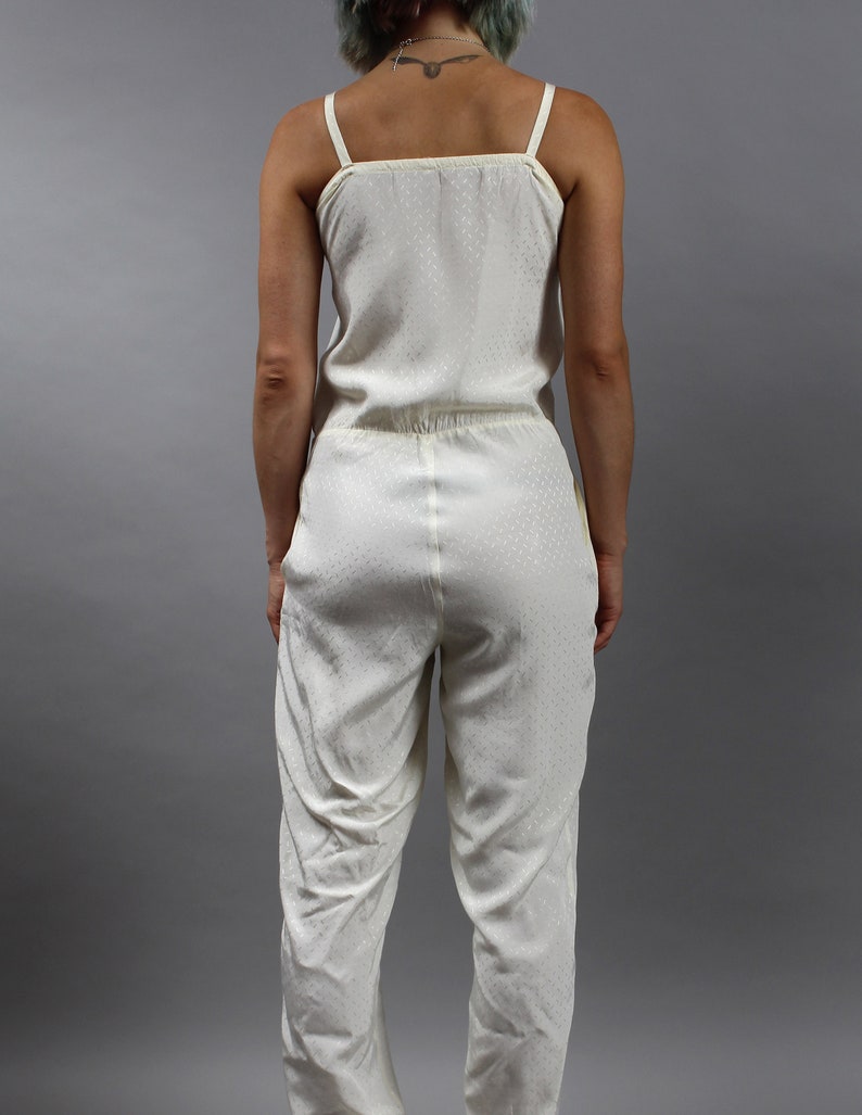 80s Minimalist Silky Jumpsuit Onesie. Vintage Off White Summer Overalls Pants, Small S image 6