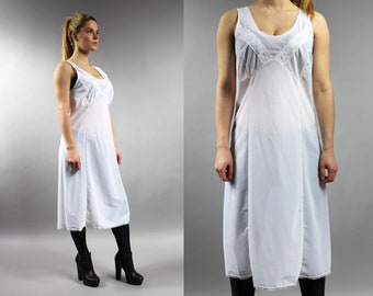 Vintage White Lace Slip Dress Lingerie . White Nightgown . 80s Midi Sheer White Nightie . Mod Full Slip Lace Bodice . White Boho Lingerie M