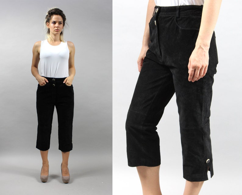 M Vintage Black High Waist Breeches 80s Suede Leather Trachten Capri pants