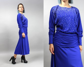 80s Blue Midi Draped Evening Prom Dress. Cocktail Glitter Party New Years Eve Dress. Avant garde Extravagant Dress M Medium