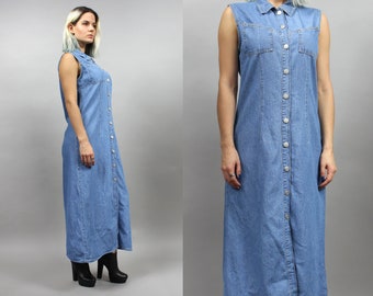 90s Denim Maxi Shirt Dress, Grunge Jean Buttoned Boho Robe Dress, Medium M