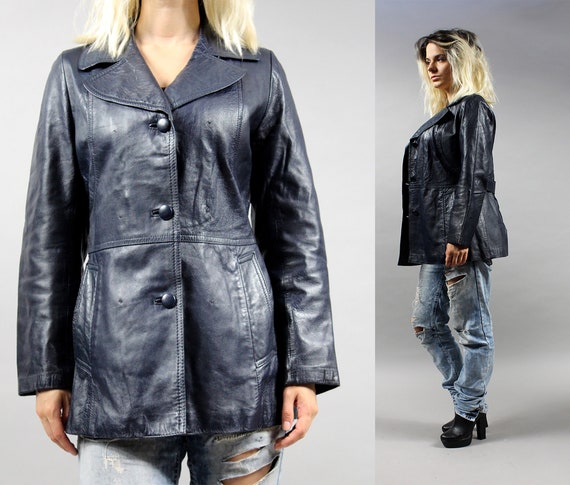 80s Dark Blue Leather Jacket . Leather Patchwork … - image 1