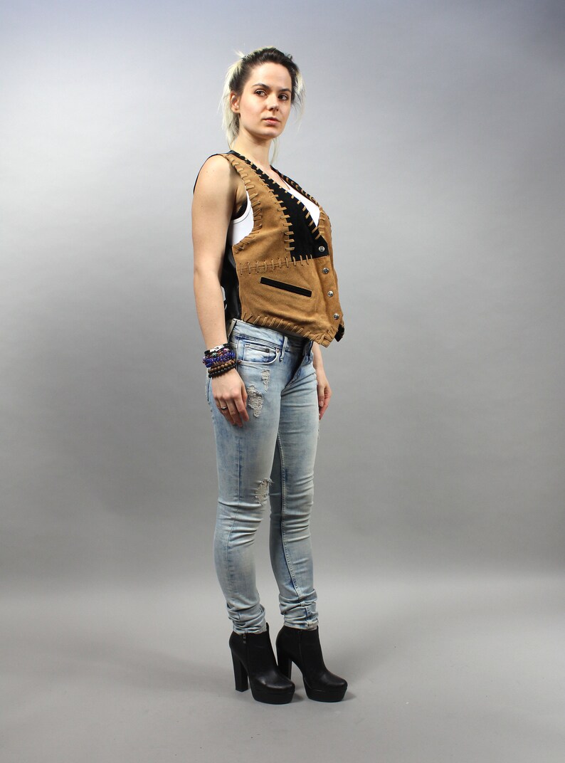 Southwestern Genuine Leather Waistcoat Vintage Patchwork Suede Cowgirl Vest Large L