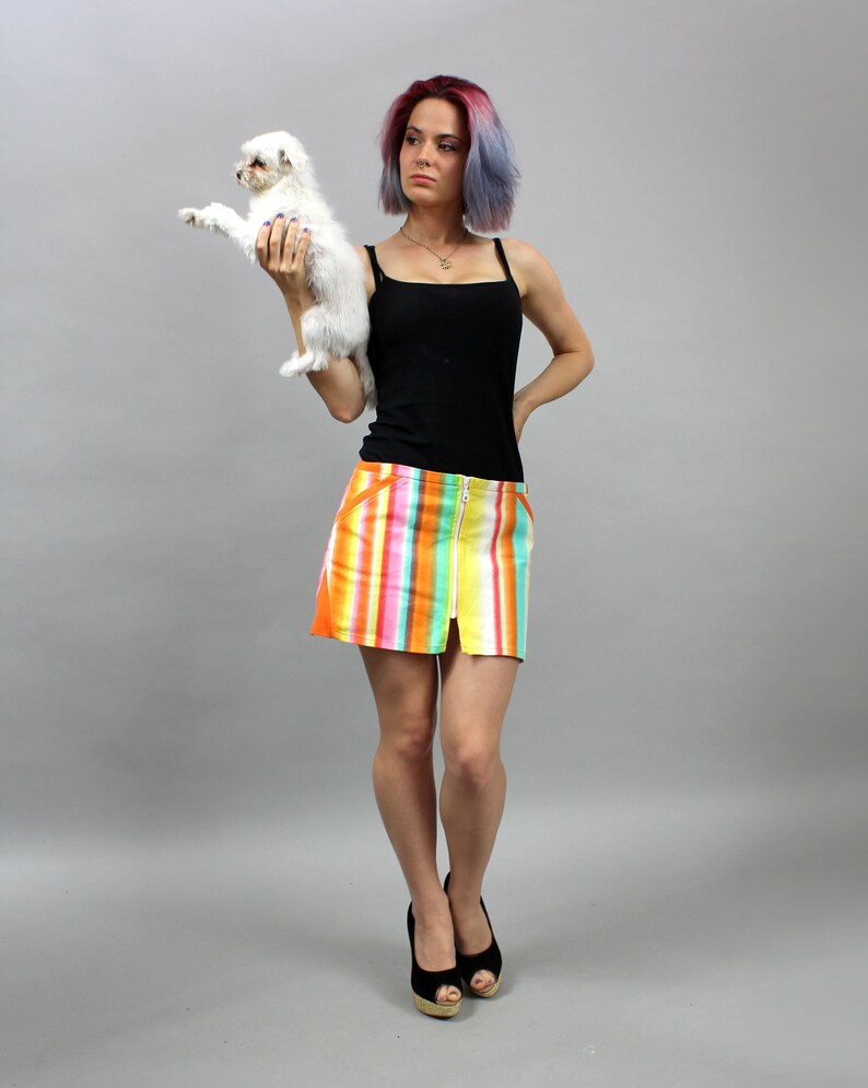 Hipster Festival Skirt 90s Hipster Preppy Punk Tennis Skirt M Vintage Rainbow Mini Skater Skirt Stretchy Front Zip Up Summer Skirt