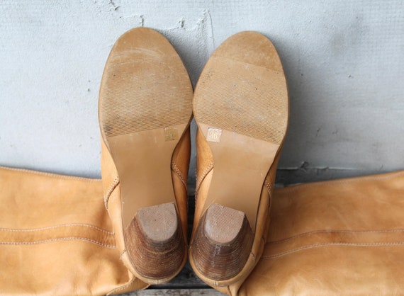 90s Tan Brown Leather High Calf Boots, High Heel … - image 10