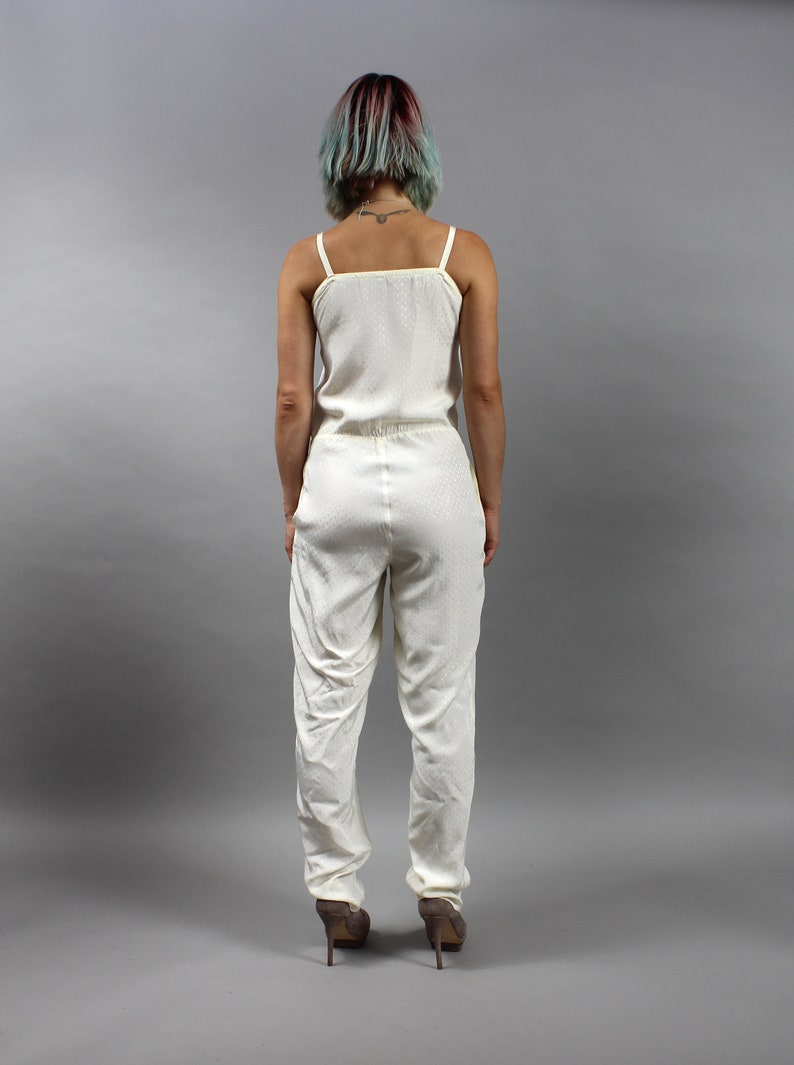 80s Minimalist Silky Jumpsuit Onesie. Vintage Off White Summer Overalls Pants, Small S image 7