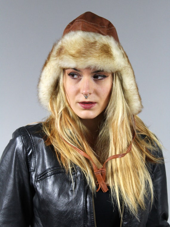 80s Faux Fur Trimmed Leather Trapper Hat, Ushanka… - image 2