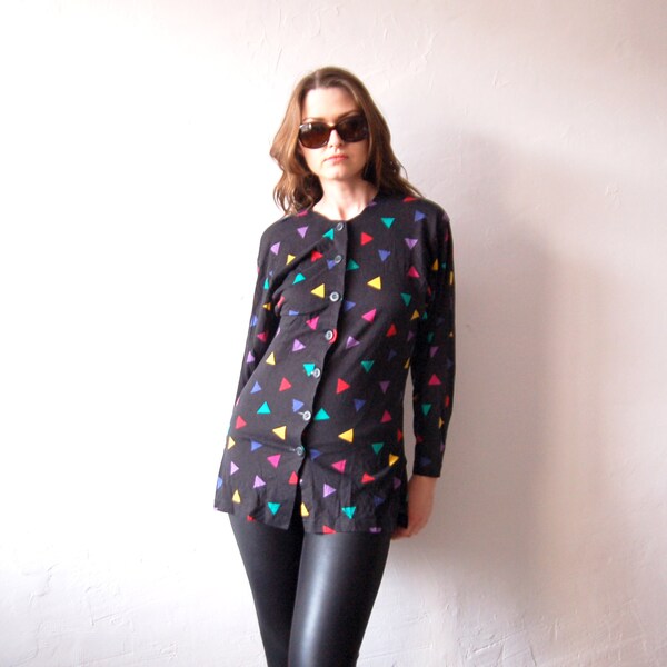 Vintage Black Geomertic print Triangle Avant Garde Jersey Shirt Long sleeve 1980s  Clothing Women Button Multicolor Purple Yellow Red Blue