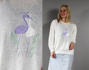 80s Vintage Stork Applique White Fluffly Women's Sweater, Retro Valentine gift Pullover, 1980s Vintage Ugly Sweater, Hipster Blouse Top, S M