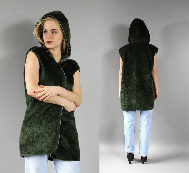 Vintage Urban Moss Green Jacket Avant Garde Cropped Sleeveless Warm Blazer top Sz L 90s Fluffy Faux Fur Hooded Waistcoat Long Hoodie Vest