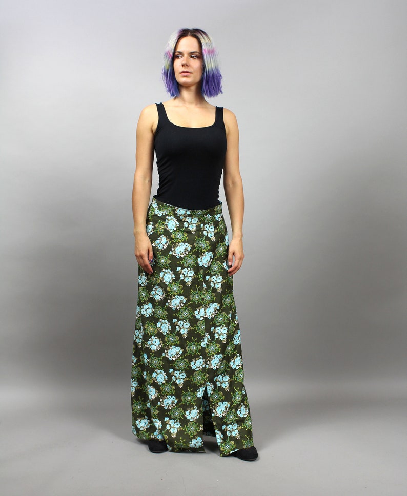 70s Khaki Maxi Boho Chic Hippie Vintage Skirt. Medium M image 2