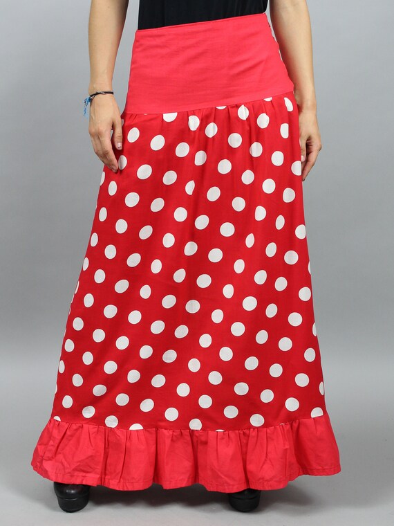 70s Polka Dots Maxi Red Skirt, Floor Vintage Leng… - image 3