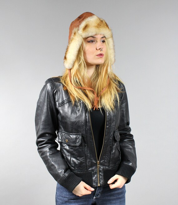 80s Faux Fur Trimmed Leather Trapper Hat, Ushanka… - image 4