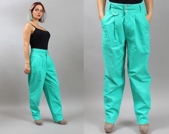 Vintage 80s Baggy High Waist Green Pants. Tapered Retro Moms Baggy Draped Casual Trousers. Medium M