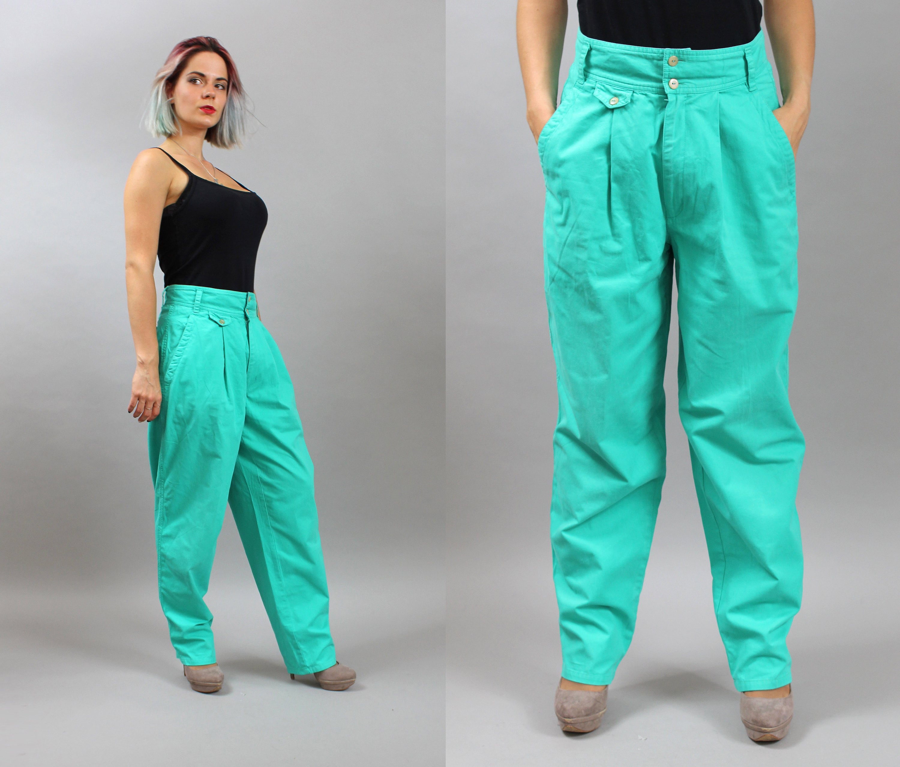 Vintage 80s Baggy High Waist Green Pants. Tapered Retro Moms Baggy Draped  Casual Trousers. Medium M 