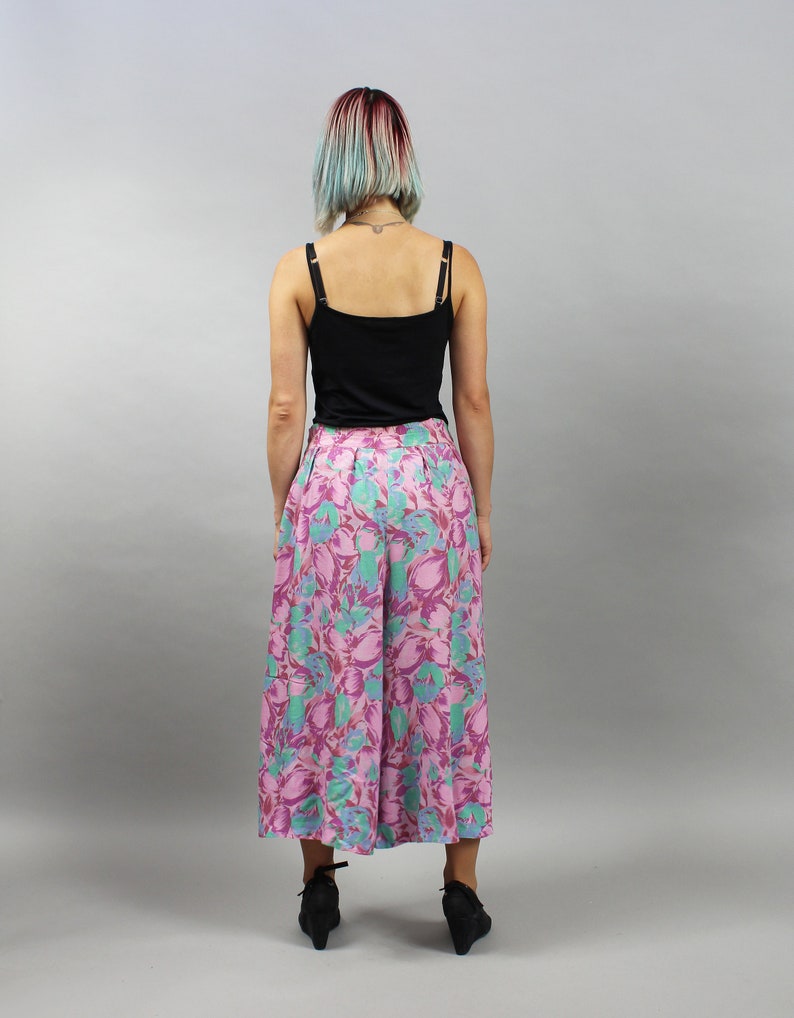 90s Boho Palazzo Pants. Purple Culottes. Abstract Floral Print Baggy Pleated Skorts. Vintage Baggy High Waist Trousers. S Small image 6