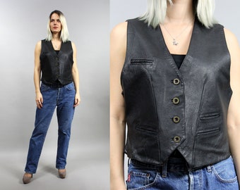 90s Leather Rocker Biker Motorcycle Vest, Medium M