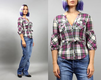 Vintage Puff Sleeve Belted Plaid Shirt, Preppy Waisted Cotton Summer Blouse. XS / S