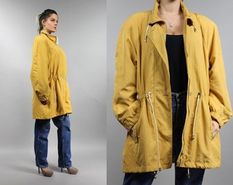 90s Yellow Loose Midi Parka Coat. Lightweight Long Coat, Medium M