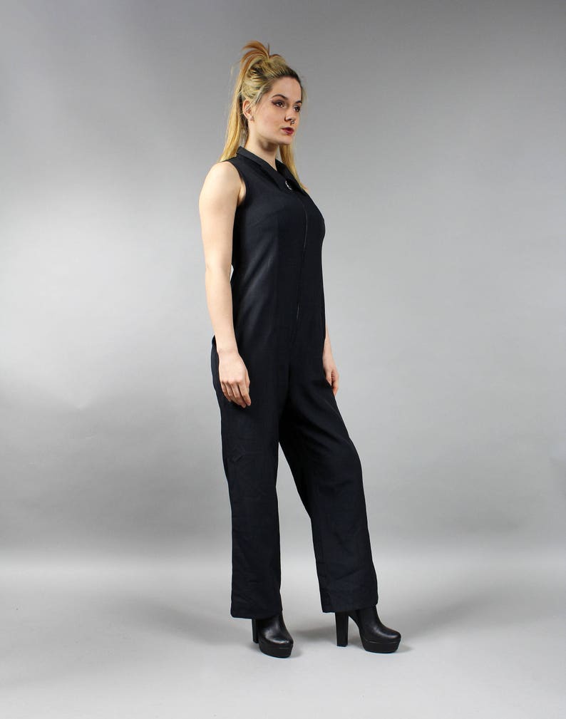 90s Black Jumpsuit . Sleeveless Mod Plaisuit . Vintage Palazzo Pants Onesie . Minimalist Women's Overalls Urban Black Dungarees Romper . S M imagem 5