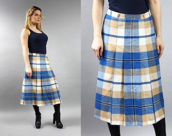 70s Pure Wool Plaid Skirt. Pleated Midi Warm Preppy Checkered Skirt Sz M