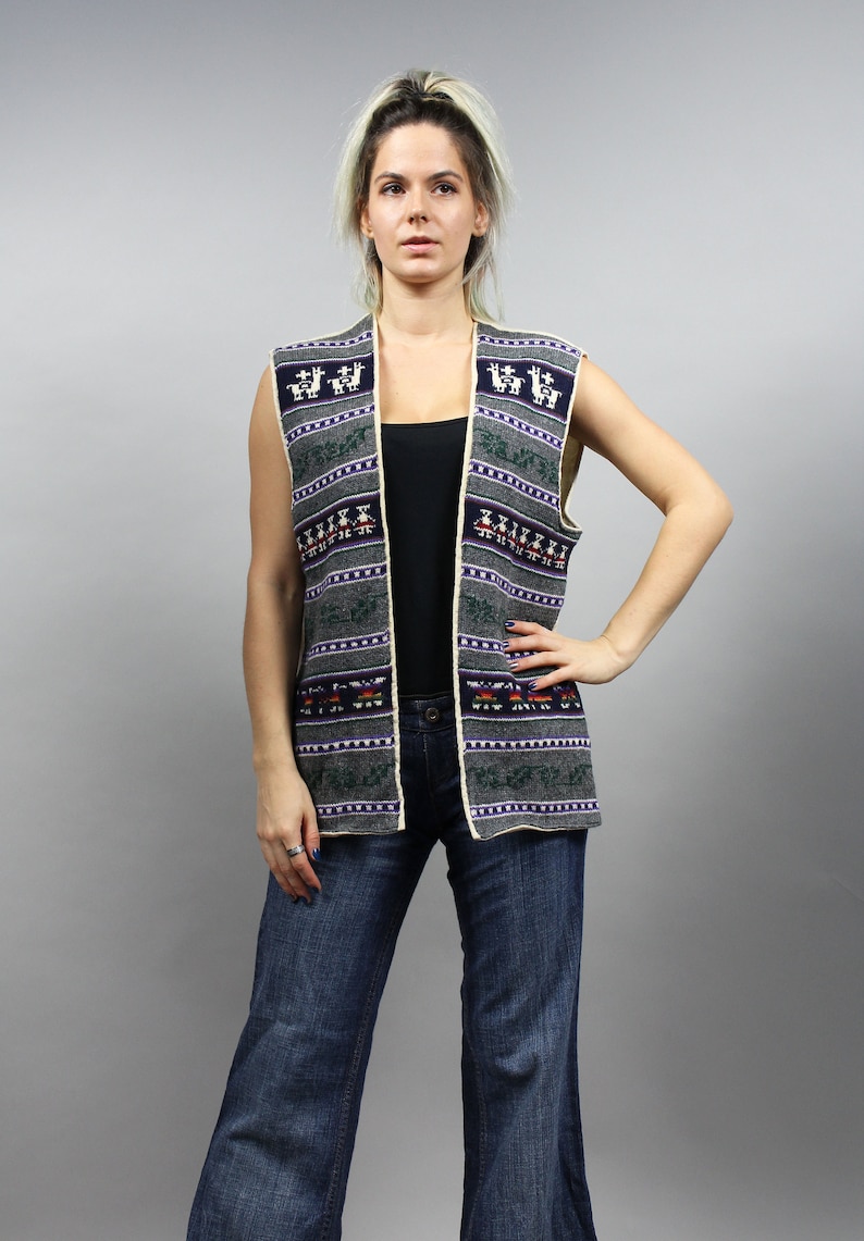 Longline Aztec Navajo Print Festival Warm Winter Knit Waistcoat L XL UNISEX Vintage Southwestern Woolen Vest