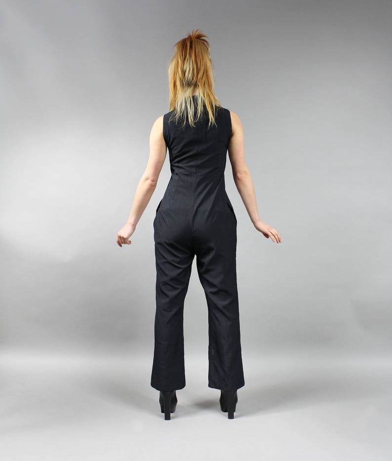 90s Black Jumpsuit . Sleeveless Mod Plaisuit . Vintage Palazzo Pants Onesie . Minimalist Women's Overalls Urban Black Dungarees Romper . S M imagem 8