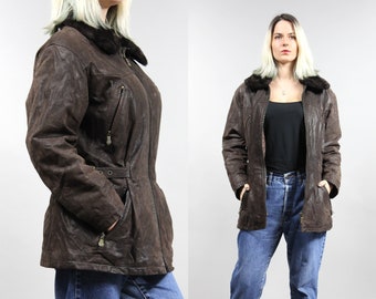 90s Leather Faux Fur Collared Parka Coat, Vintage Warm Brown Winter Jacket, M