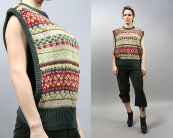 Vintage Warm Stripped Sweater Vest, Geometric Rasta Waistcoat, MEDIUM M