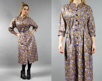 90s Vintage Floral Shirt Dress. Maxi Button Down Summer Robe. Medium M