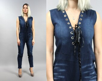 90s Tiered Fitted Denim Jumpsuit, Deep Blue Urban Overalls Tapered Pants, Minimalist Jumpsuit Romper, M / L