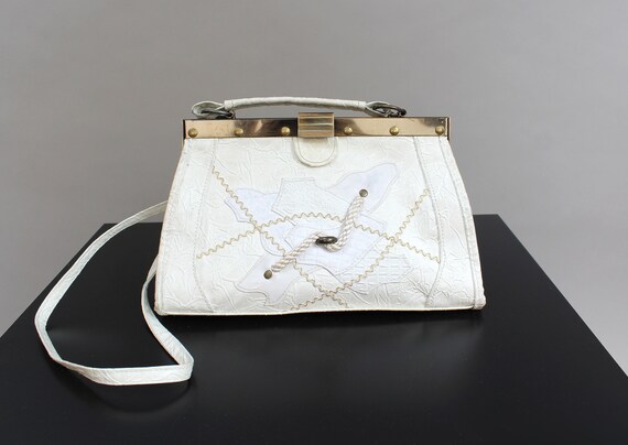80s White Patchwork Doctor Bag, Faux Vegan Leather