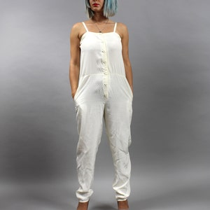 80s Minimalist Silky Jumpsuit Onesie. Vintage Off White Summer Overalls Pants, Small S image 2