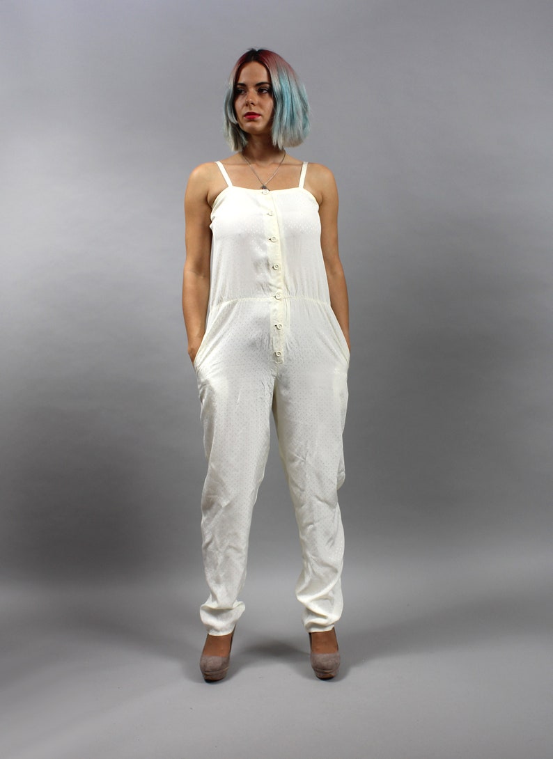 80s Minimalist Silky Jumpsuit Onesie. Vintage Off White Summer Overalls Pants, Small S image 2